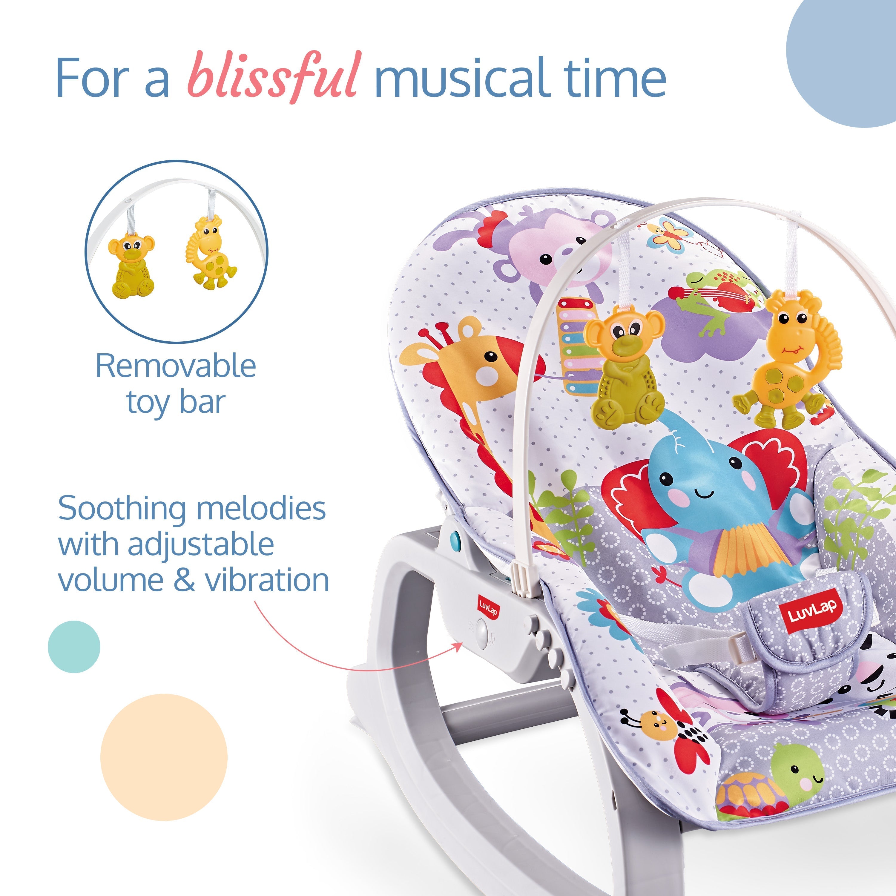 LuvLap Animal Kingdom 3 in 1 Baby Rocker Rocker with Soothing Music and Vibration Rocker Chair for Baby Adjustable backrest Recline Feature Detachable Toy bar Multicolor Lion Luvlap Store