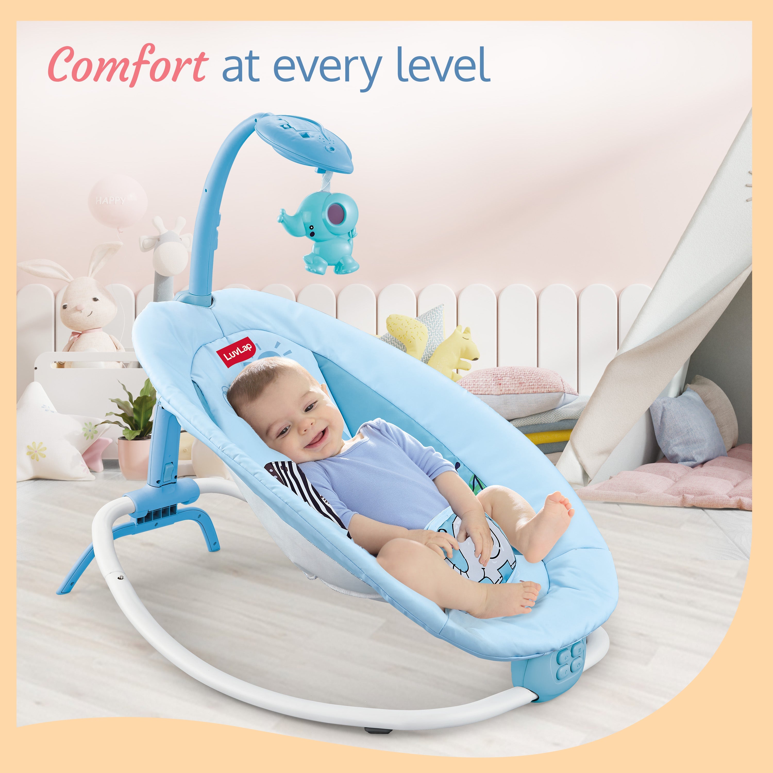 LuvLap Joy n Giggles Baby Rocker for Infants Motorized Swing with soothing vibration Music Speaker with Pre set music 360 o rotating toybar 3 point safety harness Remote Control Blue Luvlap Store