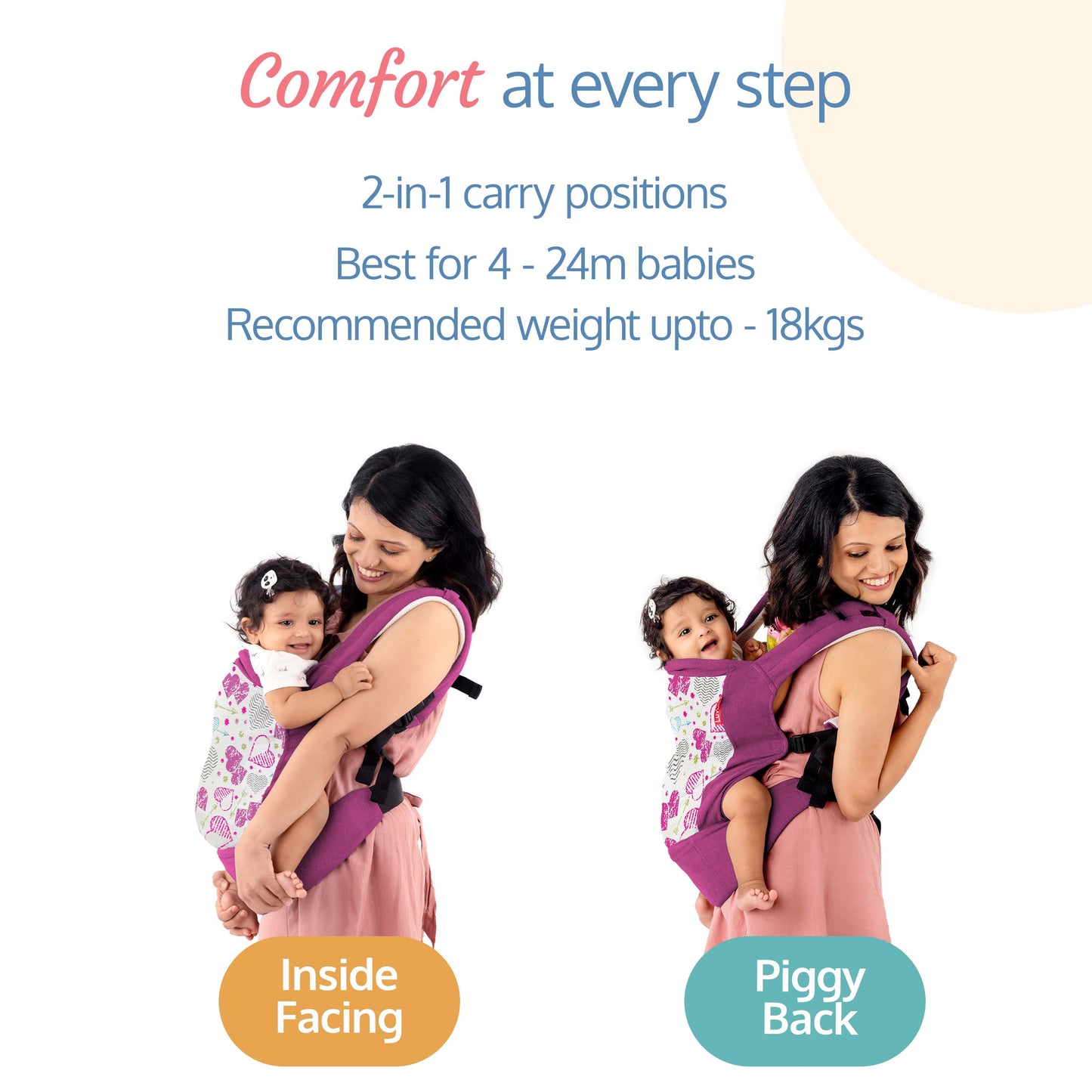 Adore Baby Carrier with 2 Carry Positions, Carrier for 4 to 24 Months Baby, Breathable Skin Friendly Premium Fabric, Adjustable Newborn to Toddler Carrier, Max Weight Upto 18 Kgs (Pink)