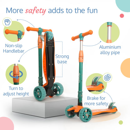 Joy Scooter for Kids- Toddler 3-Wheel Kick Scooter with LED Lights | Stable First Ride for 3-10 Year | Adjustable Height & Easy-Grip Handlebars | Fun Outdoor Gear for Kids, Green & Orange