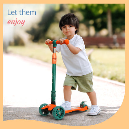 Joy Scooter for Kids- Toddler 3-Wheel Kick Scooter with LED Lights | Stable First Ride for 3-10 Year | Adjustable Height & Easy-Grip Handlebars | Fun Outdoor Gear for Kids, Green & Orange