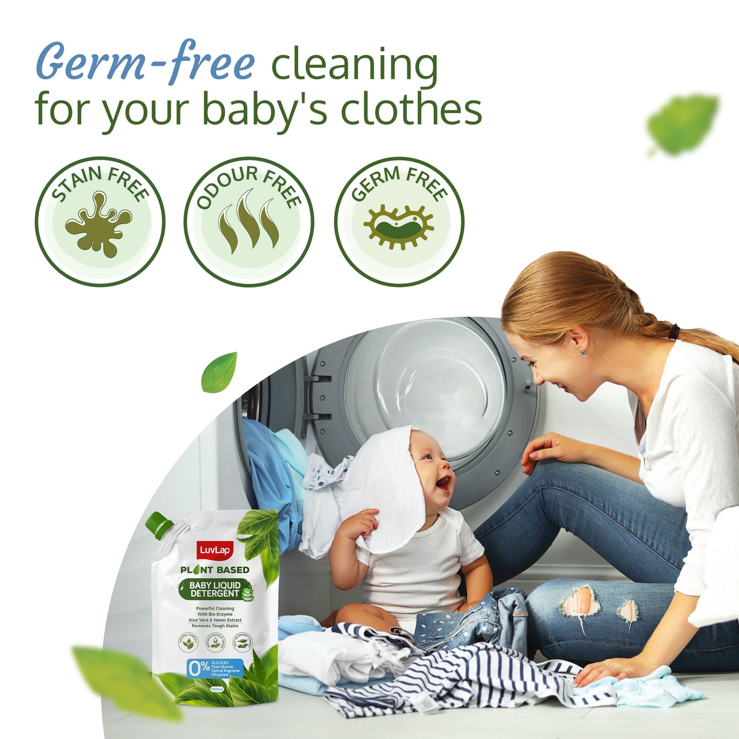 Plant Based Baby Laundry Detergent, Refill pack- 1000ml, With Bio-Enzymes, Aloe Vera & Neem, Dermatologically Tested, Free From SLS/SLES, Phosphate & Bleach