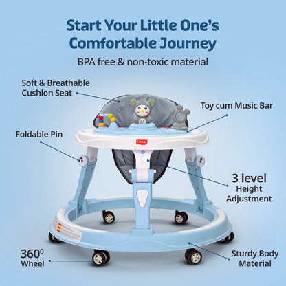 360° Joy Baby Walker for 9+ Months | 3 Level Height Adjustment Walker with Switchable Food & Musical Toy Tray/Advanced Baby Activity Walker, Blue