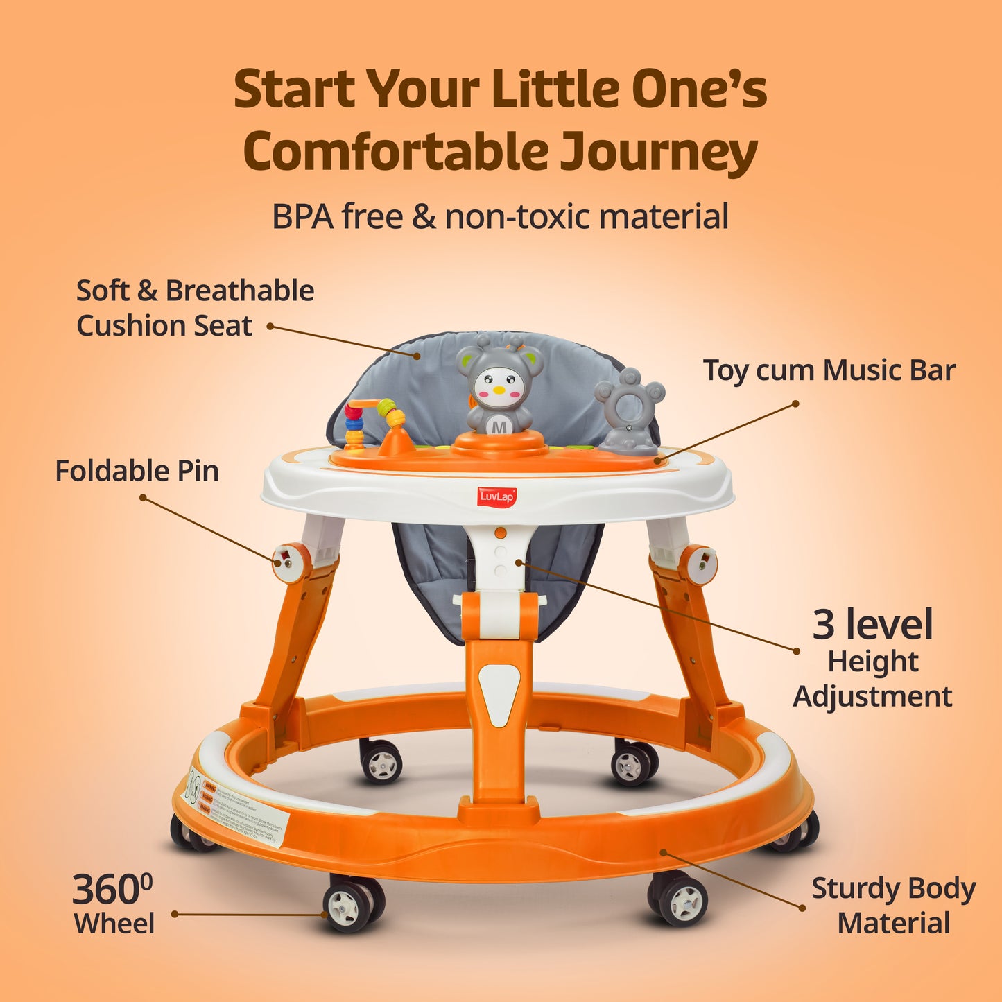 360° Joy Baby Walker 9+ Months | 3 Level Height Adjustment Walker with Switchable Food & Musical Toy Tray/Advanced Baby Activity Walker, Orange