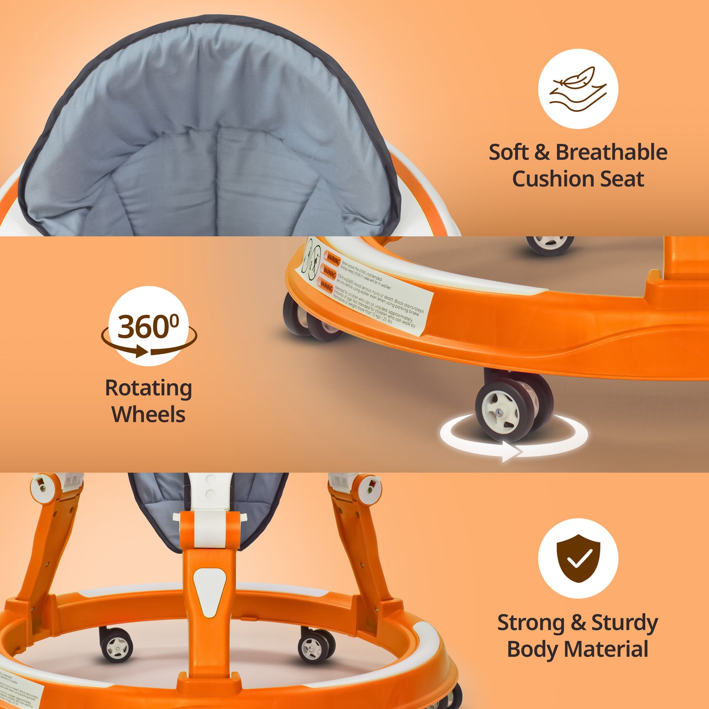 360° Joy Baby Walker 9+ Months | 3 Level Height Adjustment Walker with Switchable Food & Musical Toy Tray/Advanced Baby Activity Walker, Orange