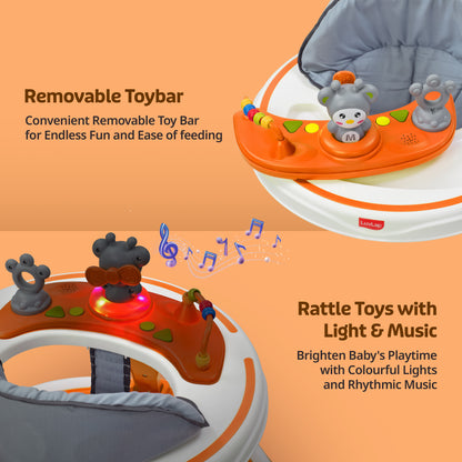 360° Joy Baby Walker 9+ Months | 3 Level Height Adjustment Walker with Switchable Food & Musical Toy Tray/Advanced Baby Activity Walker, Orange