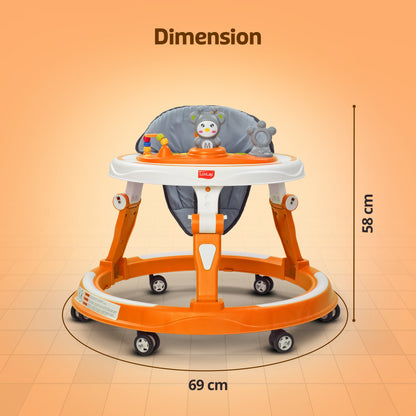 360° Joy Baby Walker 9+ Months | 3 Level Height Adjustment Walker with Switchable Food & Musical Toy Tray/Advanced Baby Activity Walker, Orange