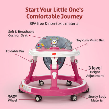 LuvLap 360° Joy Baby Walker 9+ Months | 3 Level Height Adjustment Walker with Switchable Food & Musical Toy Tray/Advanced Baby Activity Walker, Pink