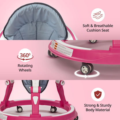 LuvLap 360° Joy Baby Walker 9+ Months | 3 Level Height Adjustment Walker with Switchable Food & Musical Toy Tray/Advanced Baby Activity Walker, Pink