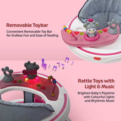 LuvLap 360° Joy Baby Walker 9+ Months | 3 Level Height Adjustment Walker with Switchable Food & Musical Toy Tray/Advanced Baby Activity Walker, Pink