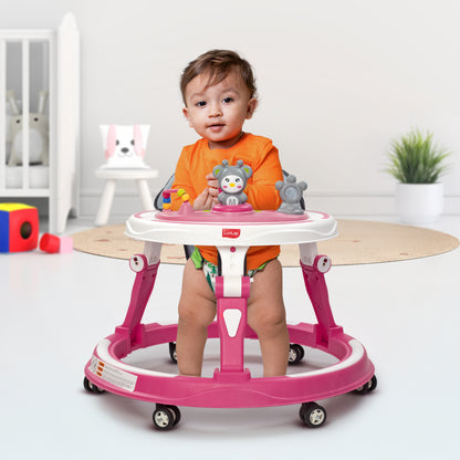 LuvLap 360° Joy Baby Walker 9+ Months | 3 Level Height Adjustment Walker with Switchable Food & Musical Toy Tray/Advanced Baby Activity Walker, Pink