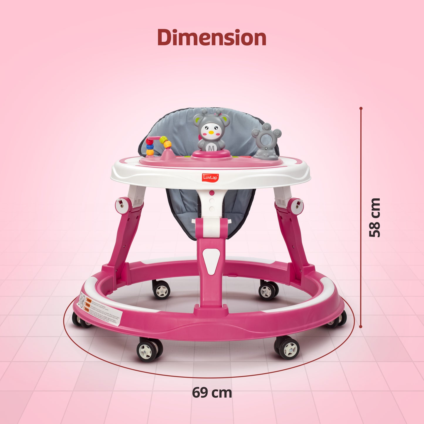 LuvLap 360° Joy Baby Walker 9+ Months | 3 Level Height Adjustment Walker with Switchable Food & Musical Toy Tray/Advanced Baby Activity Walker, Pink