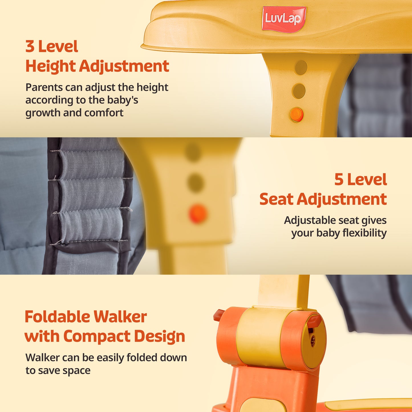 Elegant 360° Baby Walker 9+ Months | 3 Level Height Adjustment Walker/Advanced Baby Activity Walker, Yellow