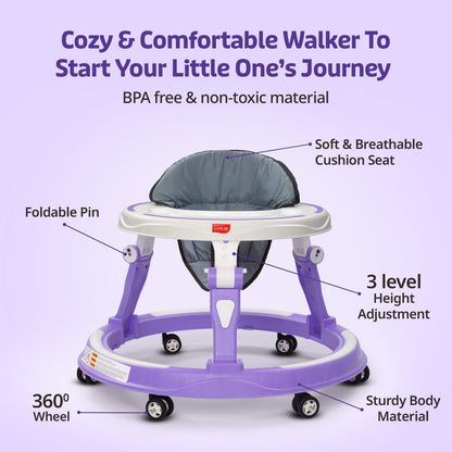 Elegant 360° Baby Walker 9+ Months | 3 Level Height Adjustment Walker/Advanced Baby Activity Walker, Purple