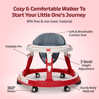 Elegant 360° Baby Walker 9+ Months | 3 Level Height Adjustment Walker/Advanced Baby Activity Walker, Raspberry