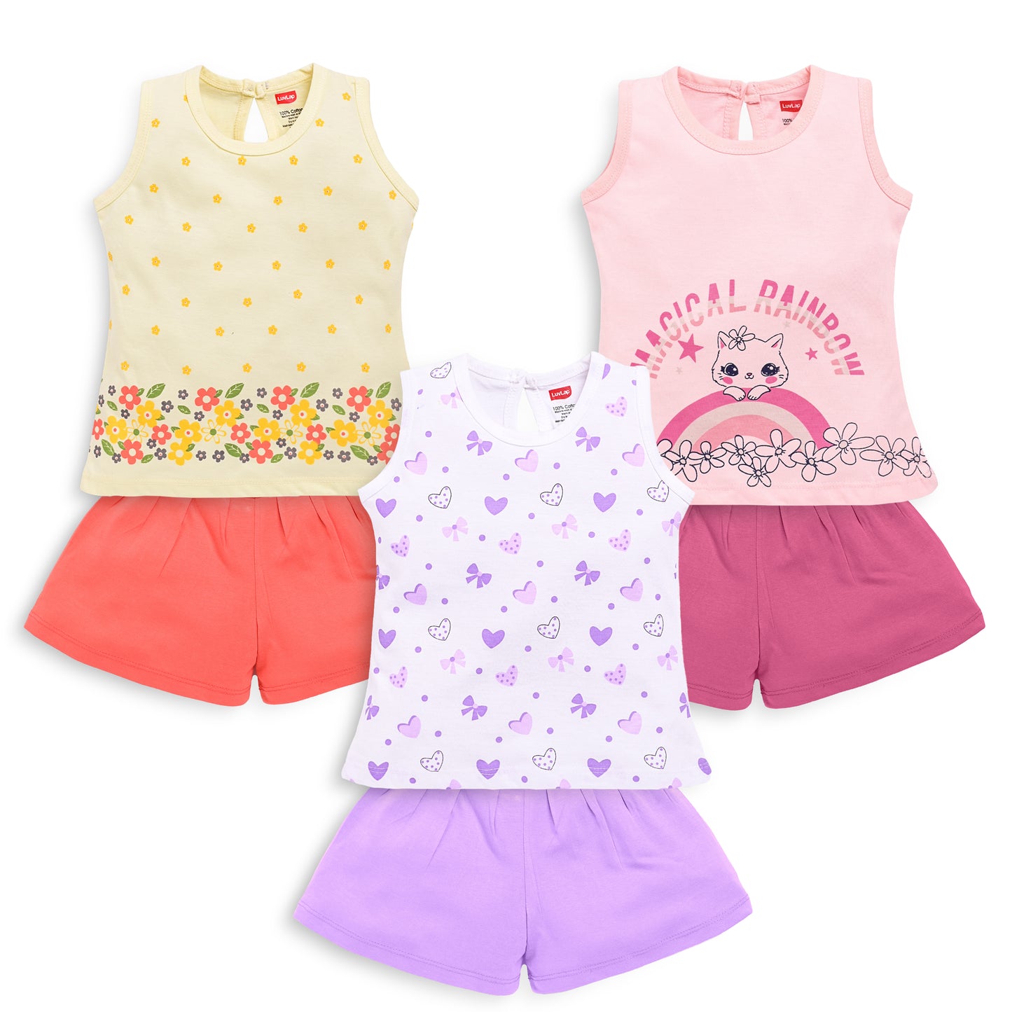 LuvLap Baby Girls Pack Of 3 Sleeveless Top & Shorts Set 100% Cotton