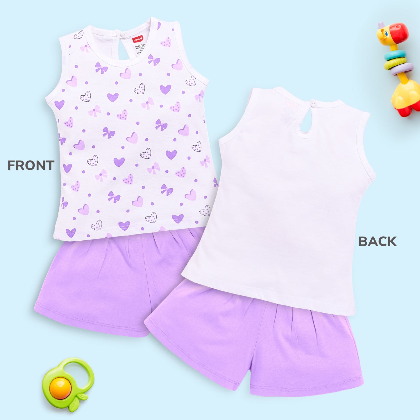 LuvLap Baby Girls Pack Of 3 Sleeveless Top & Shorts Set 100% Cotton