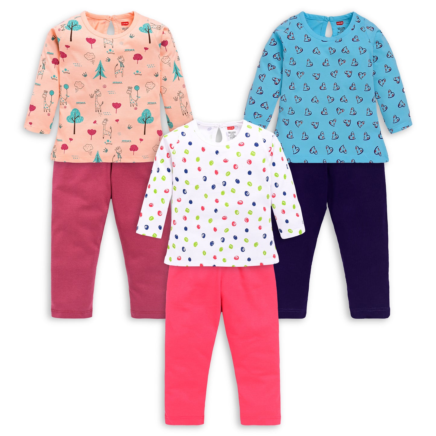 LuvLap Baby Girls Pack Of 3 Full Sleeve Top & Pyjama Set 100% Cotton