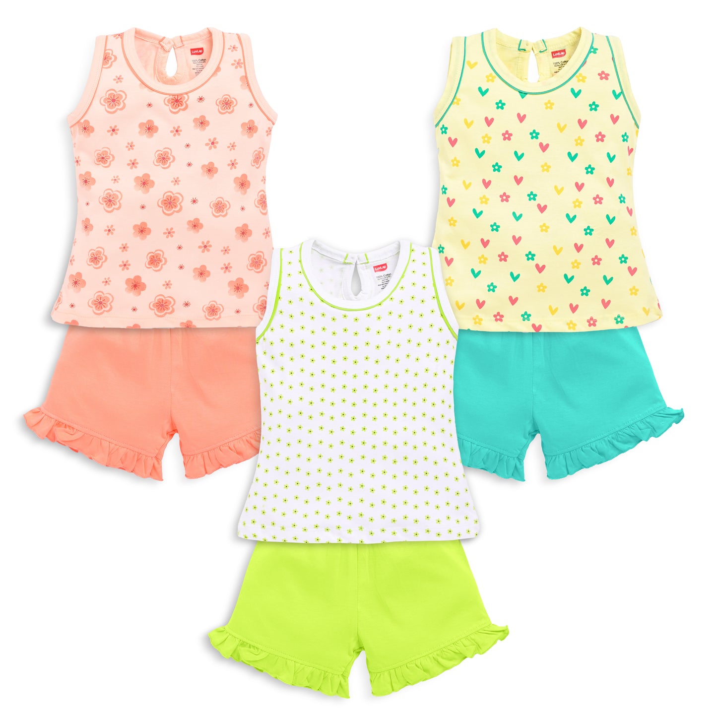 LuvLap Baby Girls Pack Of 3 Sleeveless Top & Shorts Set 100% Cotton