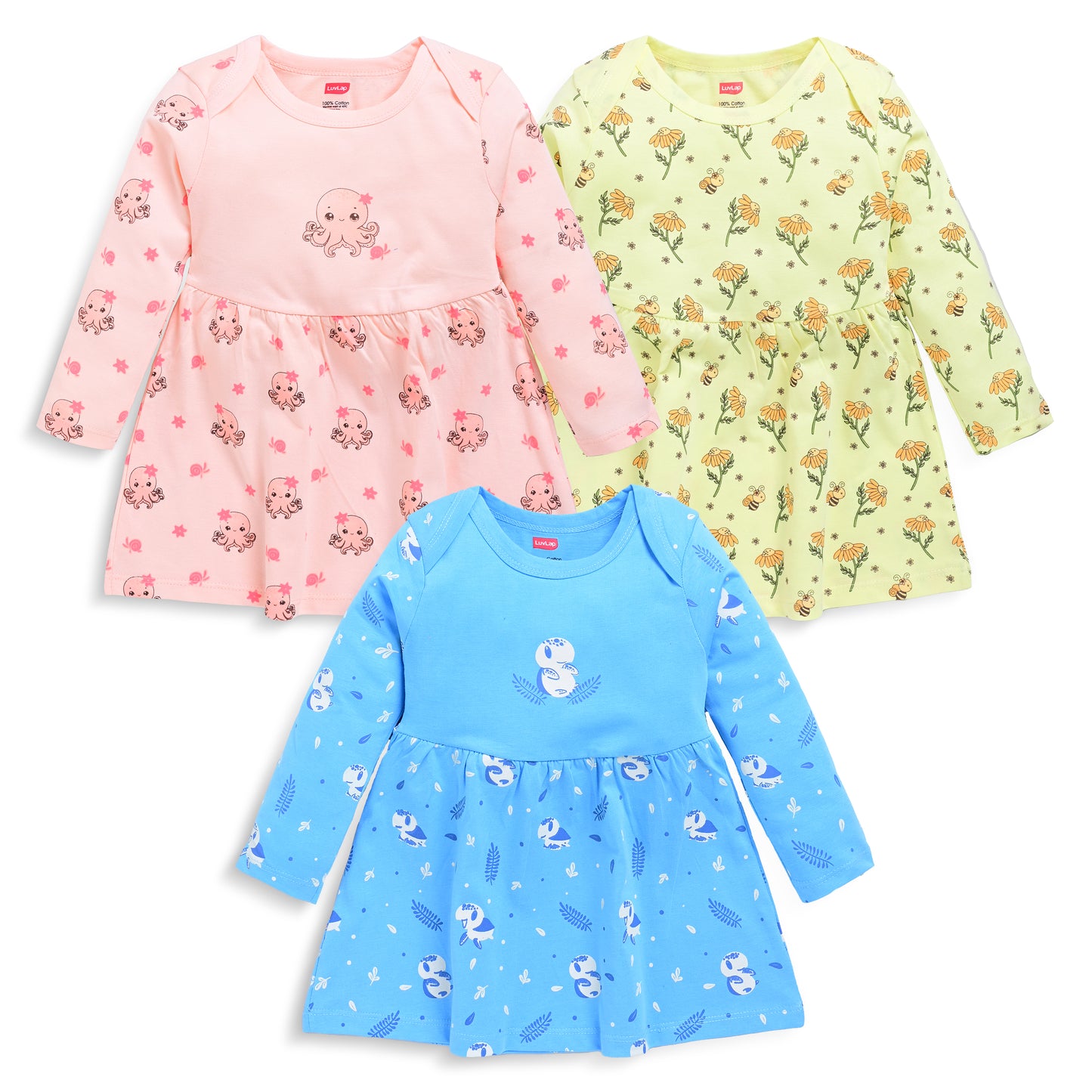 Baby Girls 100% Cotton Full Sleeve Girl Frock Pack Of 3, Lime Green, Light Peach & Baltic Sea