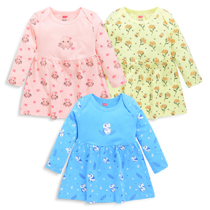 Baby Girls 100% Cotton Full Sleeve Girl Frock Pack Of 3, Lime Green, Light Peach & Baltic Sea