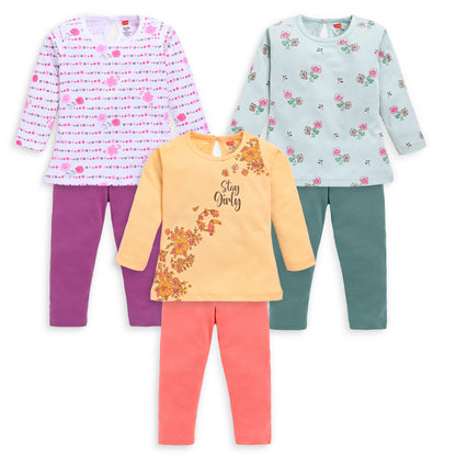 LuvLap Baby Girls Pack Of 3 Full Sleeve Top & Pyjama Set 100% Cotton