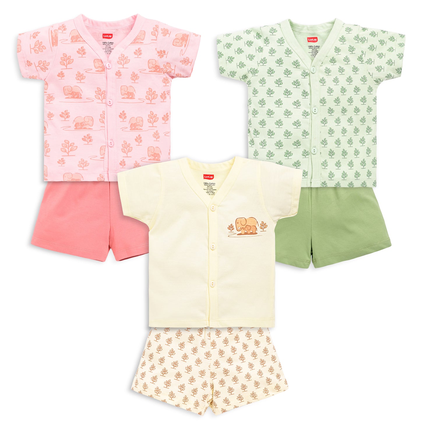 LuvLap Baby Boys & Baby Girls Pack Of 3 Half Sleeve Jhabla & Shorts Set 100% Cotton