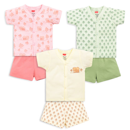 LuvLap Baby Boys & Baby Girls Pack Of 3 Half Sleeve Jhabla & Shorts Set 100% Cotton