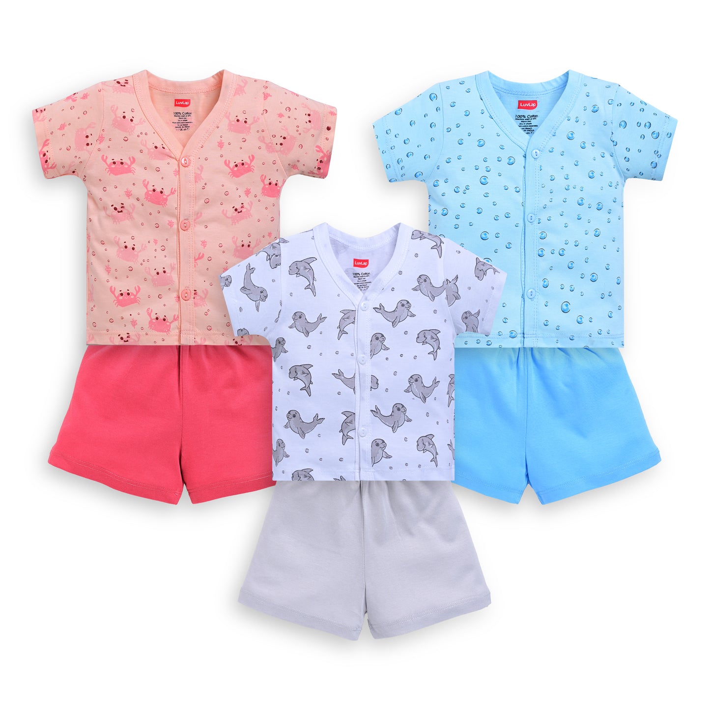 Baby Boys & Girls Regular Fit 100% Cotton Half Sleeve Jhabla & Shorts Sets Pack Of 3