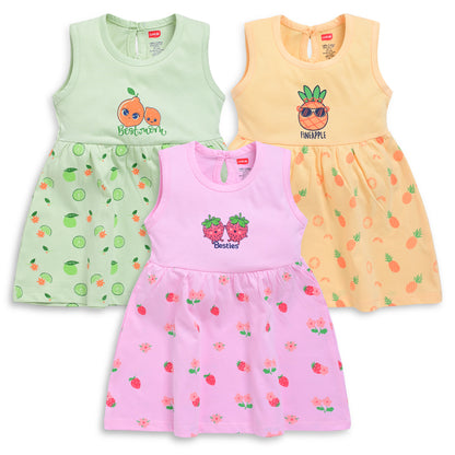 LuvLap Baby Girl 100% Cotton Sleeveless Girls Frock Pack Of 3, Sea Foam Green, Mango & Baby Pink