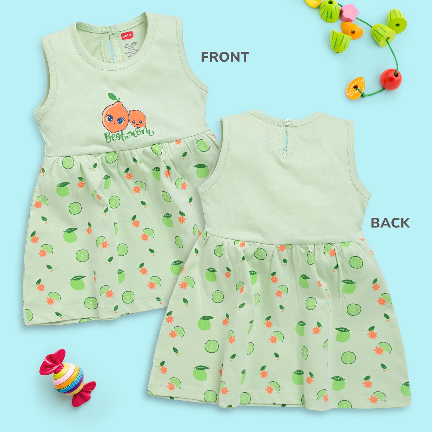 LuvLap Baby Girl 100% Cotton Sleeveless Girls Frock Pack Of 3, Sea Foam Green, Mango & Baby Pink