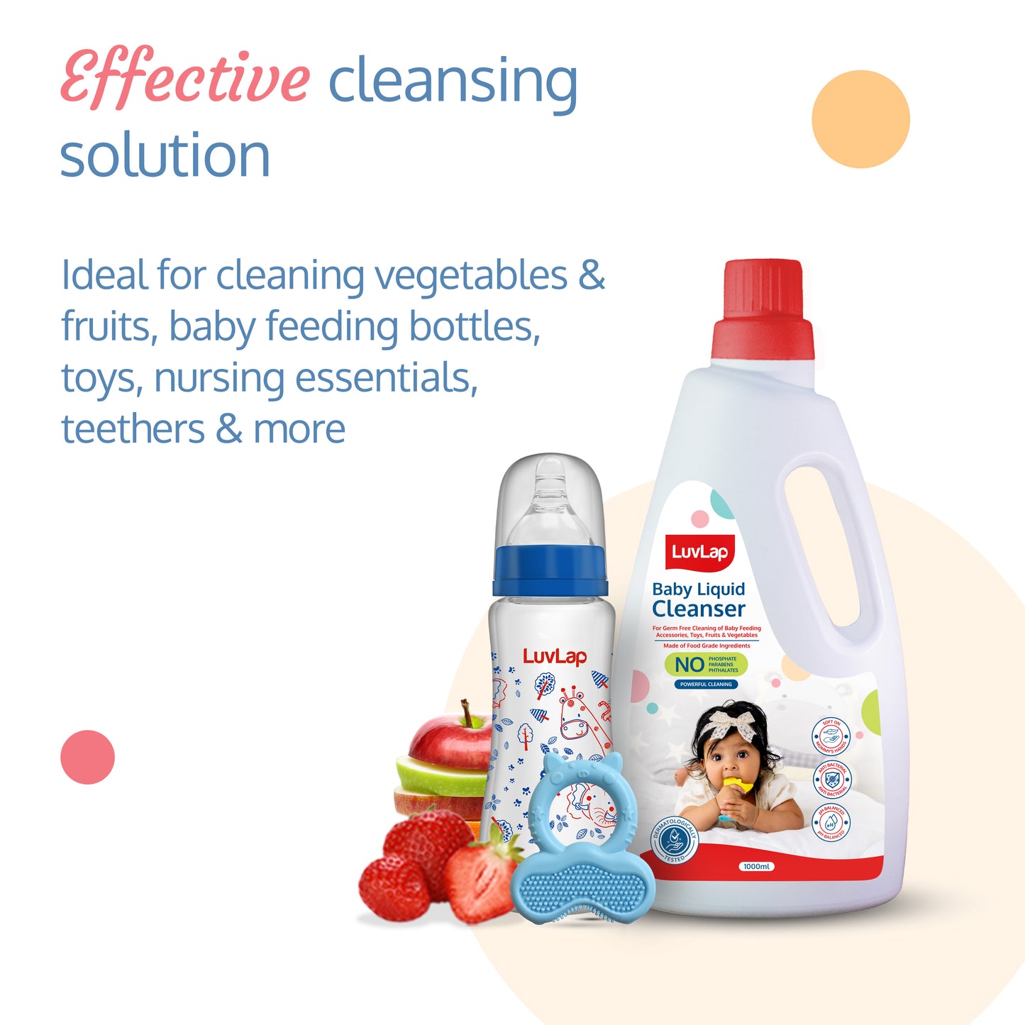 Baby Liquid Cleanser 1000ml, For cleaning feeding bottle, cutlery, toys, fruits & vegetables, Kills 99.9% Germs, pH Balanced Dermatologically tested formula, No harsh chemicals, Bio-degradable