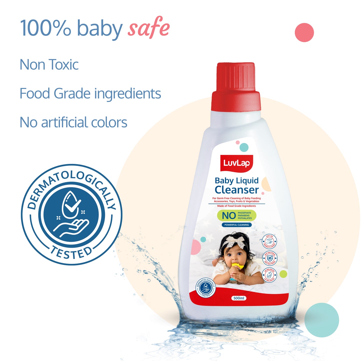 Baby Liquid Cleanser 500ml, For cleaning feeding bottle, cutlery, toys, fruits & vegetables, Kills 99.9% Germs, pH Balanced Dermatologically tested formula, No harsh chemicals, Bio-degradable