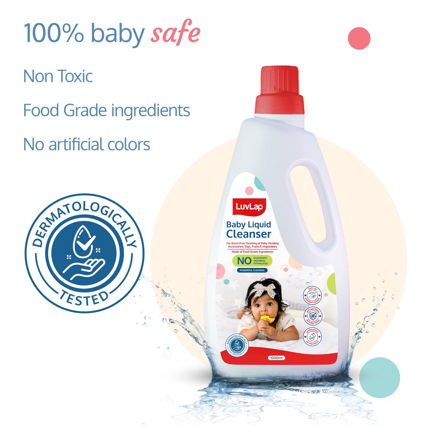 Baby Liquid Cleanser 1000ml, For cleaning feeding bottle, cutlery, toys, fruits & vegetables, Kills 99.9% Germs, pH Balanced Dermatologically tested formula, No harsh chemicals, Bio-degradable