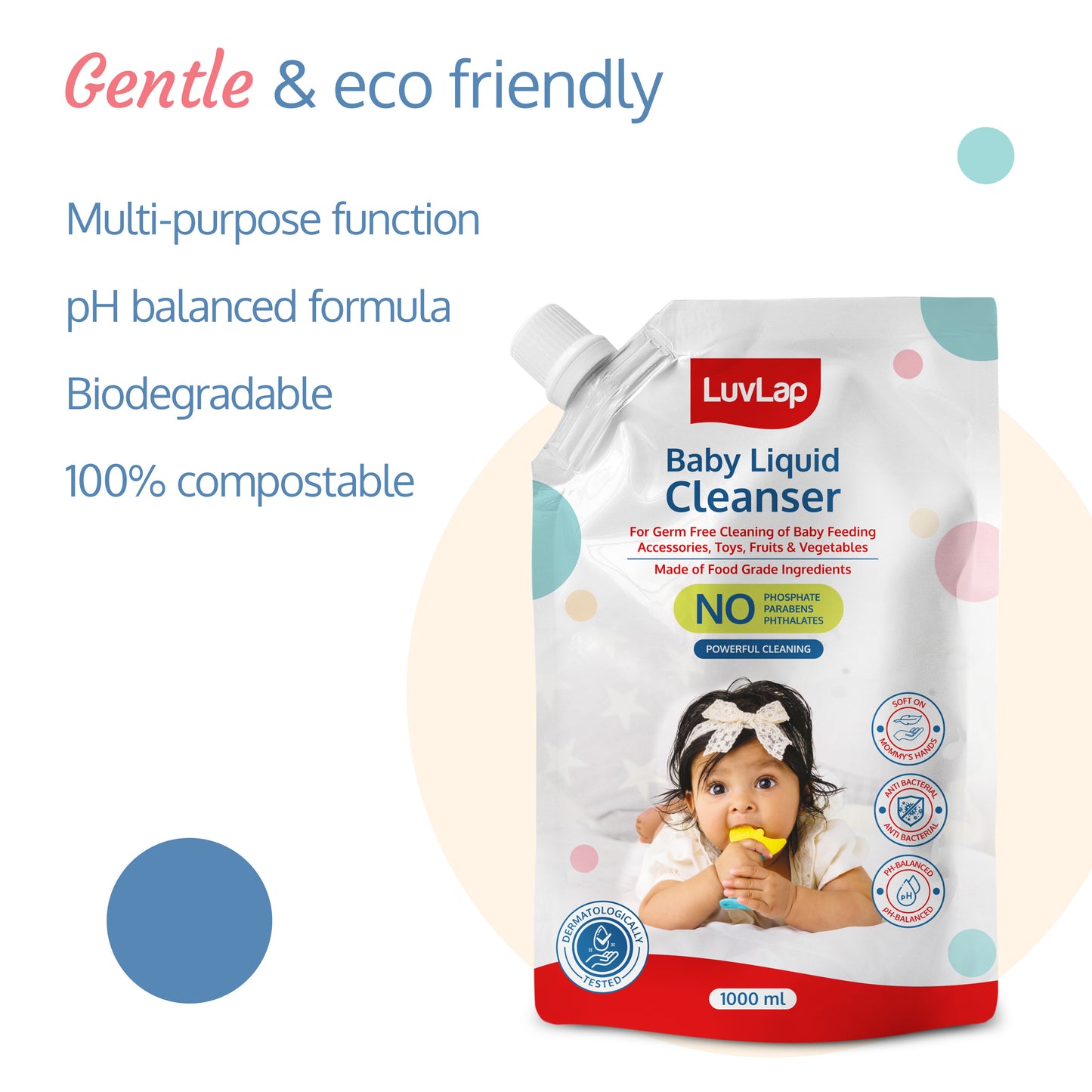 Baby Liquid Cleanser Refill pack- 1000ml, For cleaning feeding bottle, cutlery, toys, fruits & vegetables, Kills 99.9% Germs, pH Balanced Dermatologically tested formula, No harsh chemicals