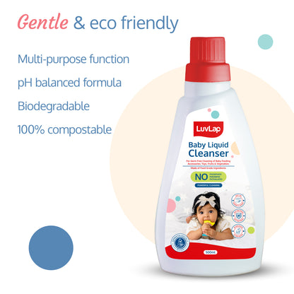 Baby Liquid Cleanser 500ml, For cleaning feeding bottle, cutlery, toys, fruits & vegetables, Kills 99.9% Germs, pH Balanced Dermatologically tested formula, No harsh chemicals, Bio-degradable