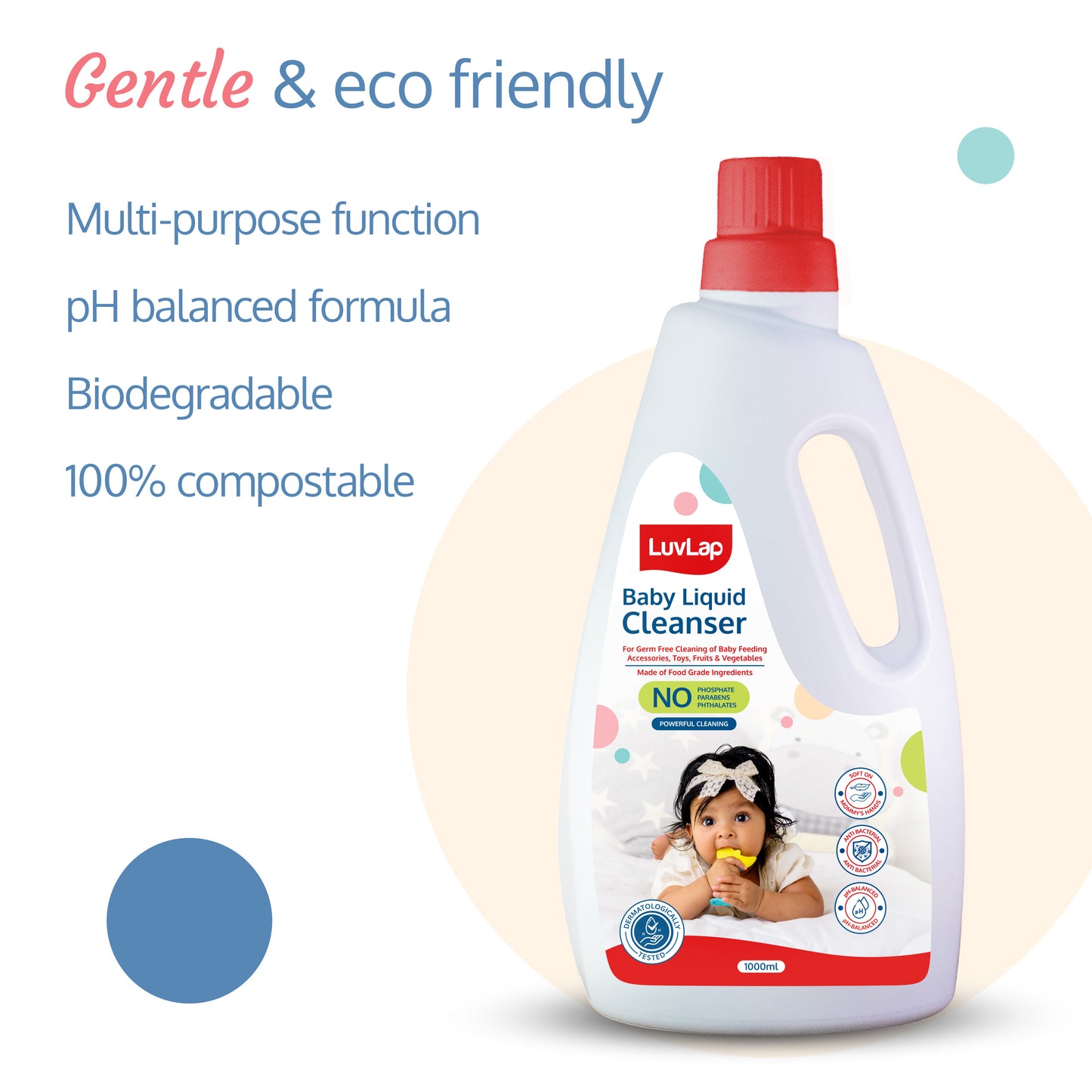 Baby Liquid Cleanser 1000ml, For cleaning feeding bottle, cutlery, toys, fruits & vegetables, Kills 99.9% Germs, pH Balanced Dermatologically tested formula, No harsh chemicals, Bio-degradable