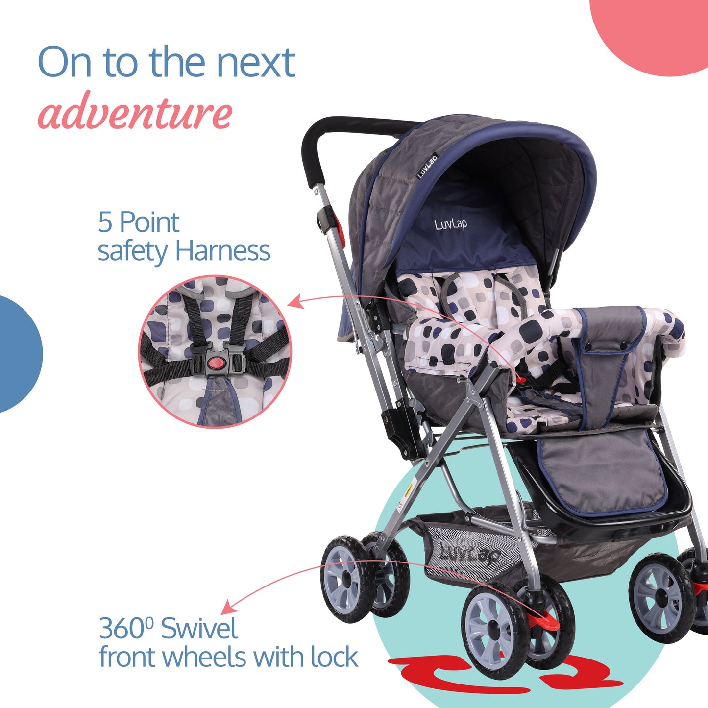 Sunshine Baby Stroller / Pram for 0 to 3 Years, New Born /Toddler / Kid, 5 Point Safety Harness, Adjustable backrest, 360° Swivel Wheel, Large storage basket, Reversible Handlebar(Navy Blue)