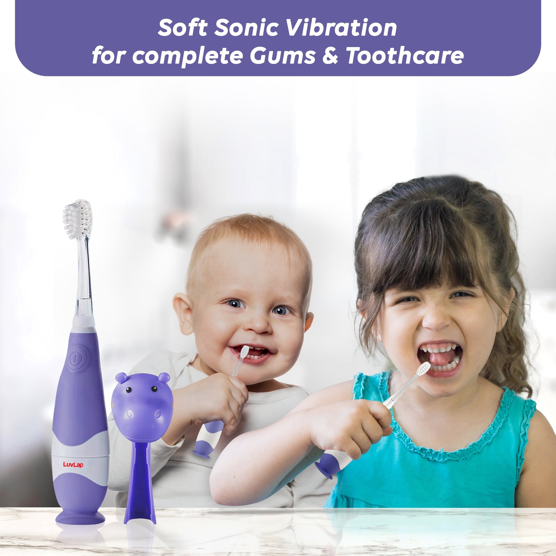 LuvLap Joy Baby Sonic Infant & Toddler Electric Toothbrush, 0-3 Years,  Smart LED Timer, Gentle Vibration, Includes 2 Sensitive Brush Heads, Tongue  & Gum Cleaner, Hippo shaped bristle protector, Purple – Luvlap Store