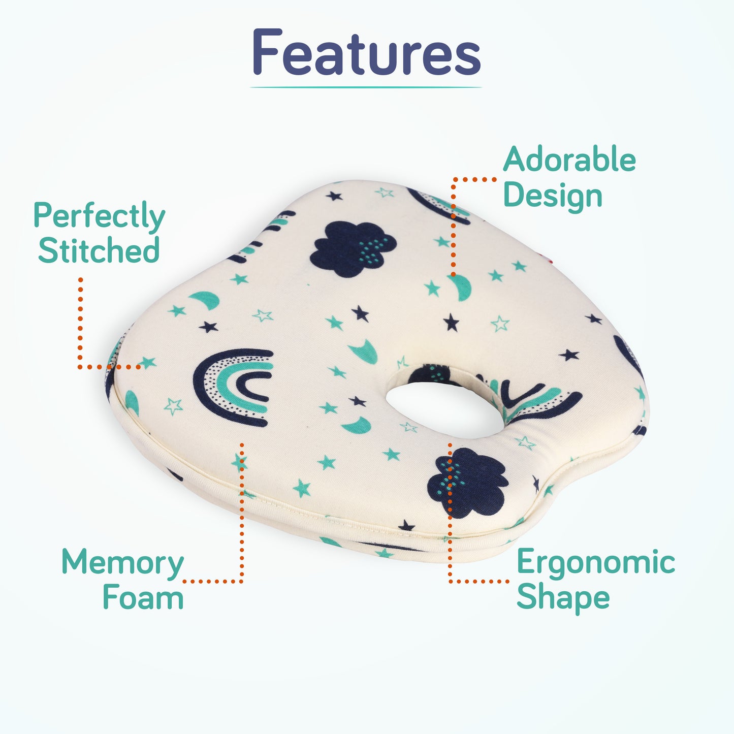 Memory Foam Baby Head Shaping Pillow Apple Shape, Rainbow Print (Navy Blue)